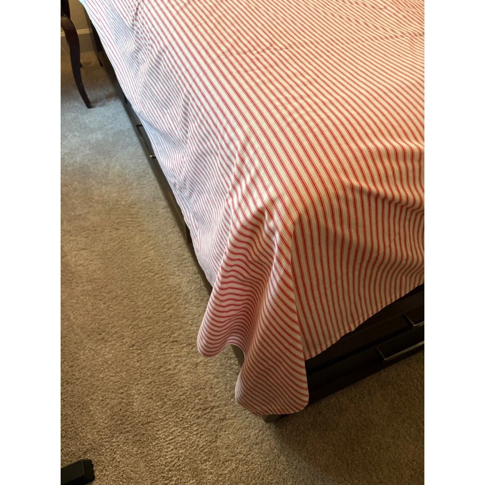 Vtg Disney‎ Mickey Bedding Flat Sheet Full Red White Ticking Stripe Cottage USA